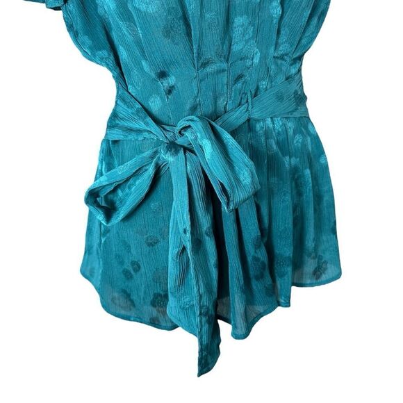 Max Studio Teal Blue Jacquard Chiffon Wrap Style Flutter Sleeve Blouse - Picture 4 of 11